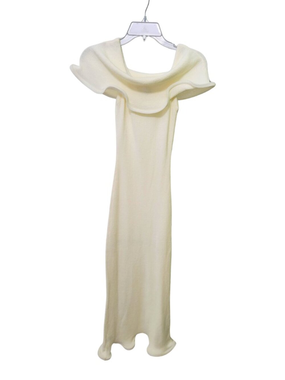 Off-the-Shoulder Ruffle-Collar Ribbed Knit Maxi Dress - Off White | Small